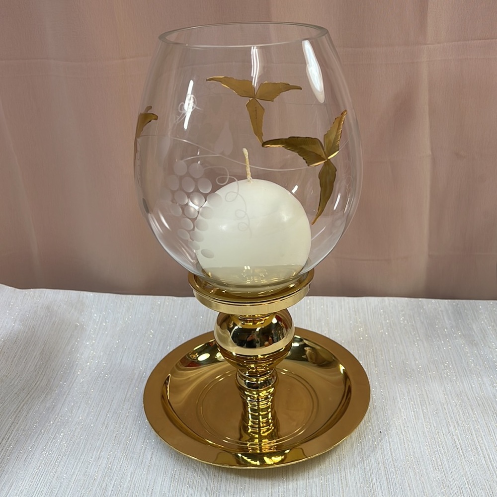 PartyLite Vintage Etched Grape Vine Hurricane Candle Holder – Elegant Gold Accen